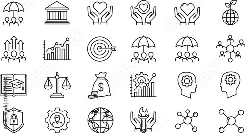 Business and social responsibility icon set featuring corporate insurance financial growth sustainability environmental protection and human resources management in line style.