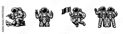 Flat vector illustrations of astronauts exploring space with detailed cartoon spacesuits