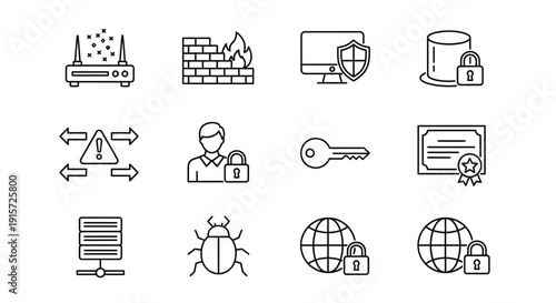 Cybersecurity icons show network protection and data.