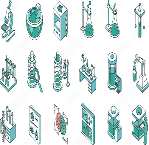 Isometric laboratory science icon set featuring microscope test tubes beakers chemical research equipment and biotechnology symbols in modern teal line art style.