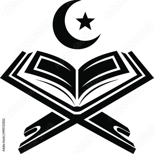 Islamic symbol featuring an open book with a crescent moon and star above it. Vector