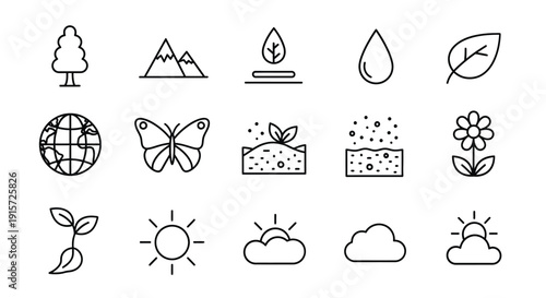 Nature element icons depict plants, the sun, and weather.