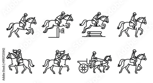Equestrian sport icons show various horse riding actions.