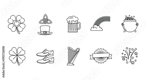 St. Patrick's Day icons include shamrocks, hats, beer, and rainbows.