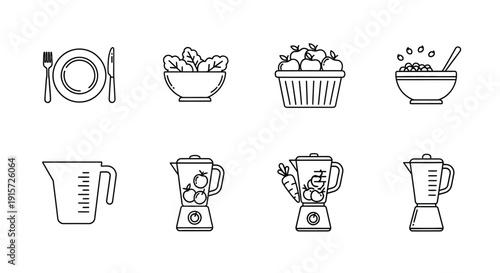 Cooking utensil icons depict ingredients for healthy food.