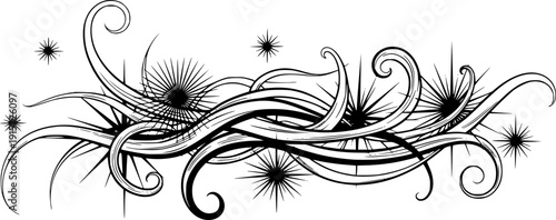 Monochrome abstract ink art featuring dynamic tentacle swirls and starburst patterns in black on a clean surface
