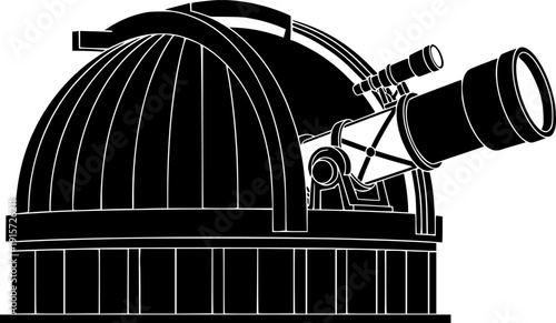 Black silhouette graphic of an astronomical observatory building with a large telescope isolated on white background
