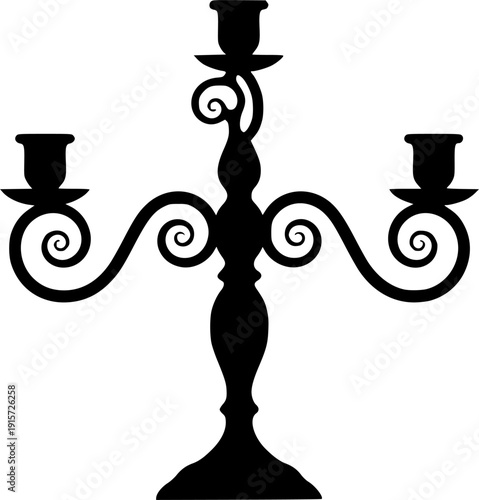 Black silhouette of a three-armed candelabra with curly metalwork isolated on white background
