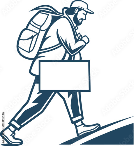 Delivery man walking with backpack and sign isolated on transparent background