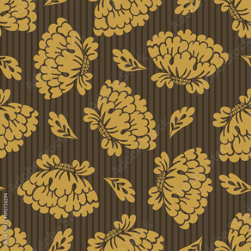 Warm earth tone tossed damask style seamless floral pattern background. Beautiful hand drawn floral motifs on striped backdrop. Elegant and rustic botanical repeat for fall and winter themed projects