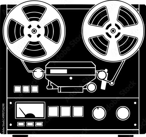 Flat design black silhouette vector icon of vintage reel-to-reel tape recorder for audio recording and music playback isolated on white background
