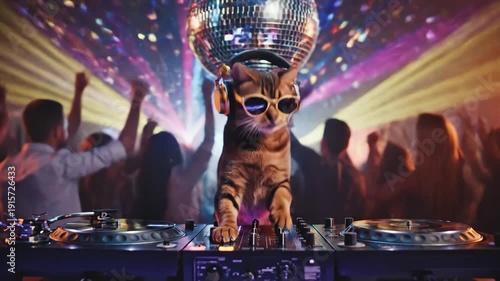 Cool cat dj spinning tracks at party with dancing crowd and shining disco ball entertainment.