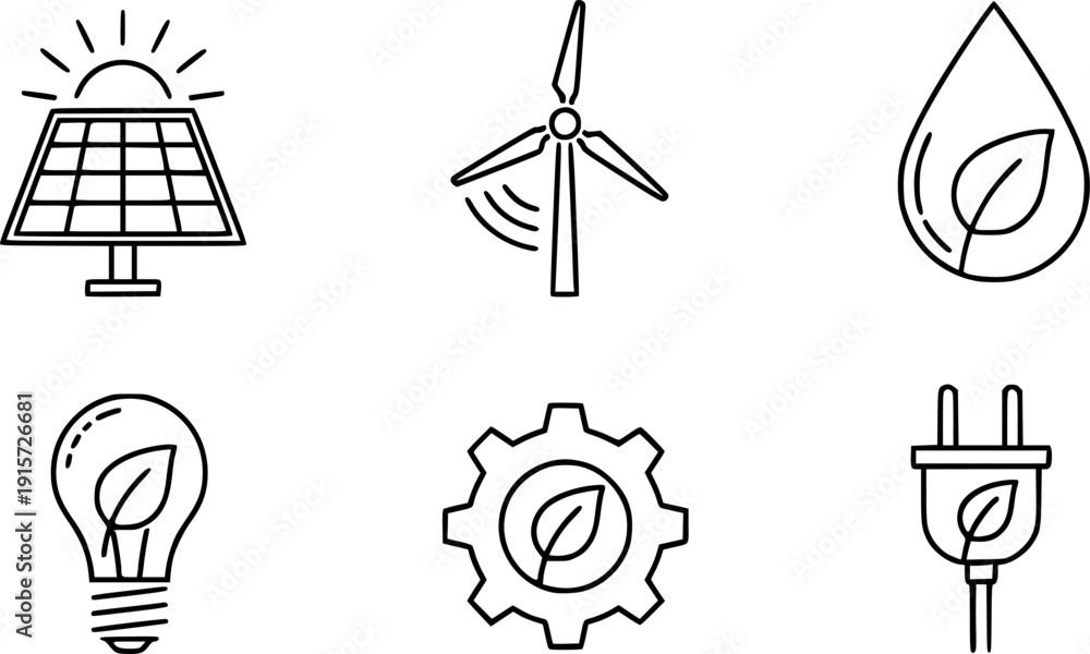 Naklejka premium Renewable Energy Linear Icons Set Solar Panel Wind Turbine and Water Drop Vector 