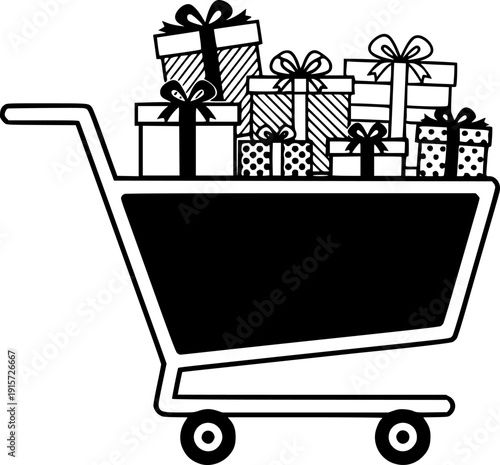 E-Commerce Shopping Cart Filled with Gift Boxes for Online Sales Vector
