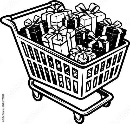 E-Commerce Shopping Cart Filled with Gift Boxes for Online Sales Vector
