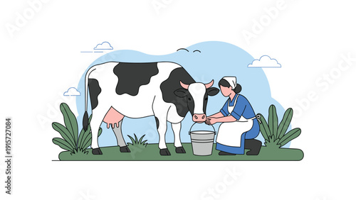 Traditional farm scene featuring a woman milking a black and white cow manually into a bucket in a beautiful green field.