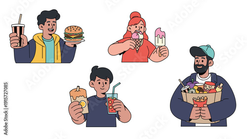 Set of individual characters enjoying various tasty treats including burgers, ice cream, refreshing drinks, and crunchy snacks.