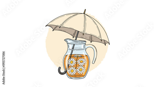 Refreshing pitcher of cold chamomile tea decorated with fresh flowers and protected by a small and stylish tan umbrella.