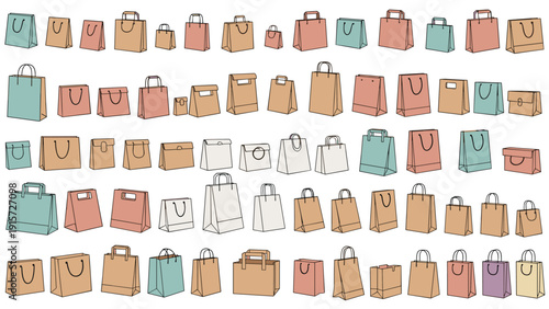 Large collection of shopping bags in different colors and sizes arranged in rows showing variety for retail and commercial use.