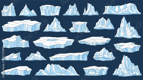 Selection of different iceberg shapes and sizes including floating ice chunks and glaciers isolated on a dark blue background.