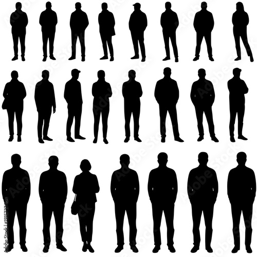Vector silhouettes of young men, illustration. Silhouettes of young people posing in casual clothes. Transparent background SVG version.