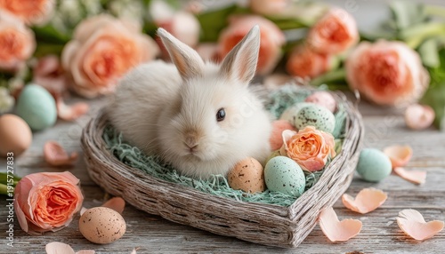 Fluffy white young mammal rests comfortably within a heart shaped woven container surrounded by pastel colored eggs and blooming roses