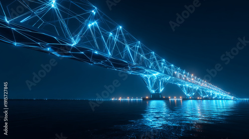 Polygonal bridge design. The effect of night lights on the road. Blue background.