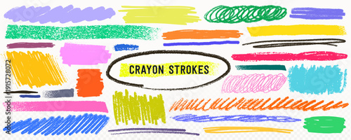 Crayon line highlight scribble strokes in bright pink yellow blue green and orange on transparent background. Crayon line highlight set with rough pencil texture and underline marks