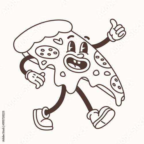Groovy line cartoon pizza slice character in retro style. Playful walking pizzas slice with melting cheese, pepperoni toppings and expressive face. Great for coloring pages and festive food prints