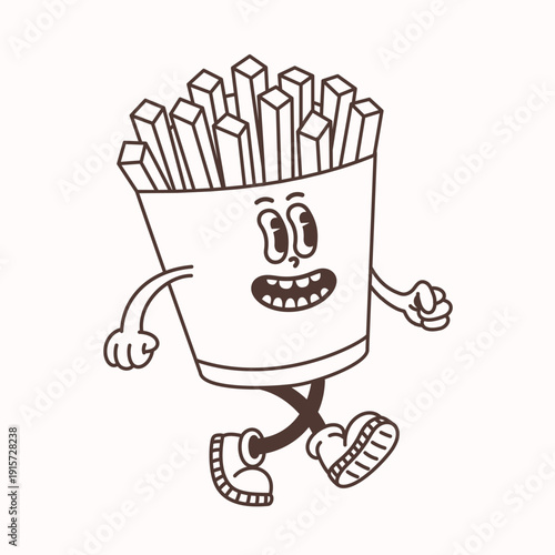 Cartoon french fries potato character in retro line style with smiling face, walking pose and clean contour on light background. Cartoon fries character vector line illustration.