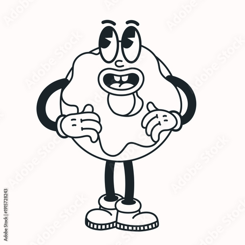 Cartoon donut line character illustration with bold outlines and playful retro style on light background. Donut character in simple vector line style. Stickers, packaging, cafe branding, prints.