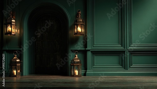 Atmospheric interior space features rich green wall paneling and antique illuminated lanterns surrounding a dark entryway.