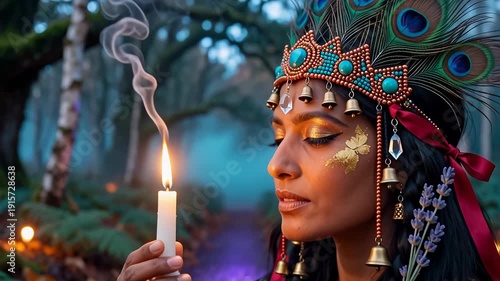 Mystic Woman with Peacock Feather Headdress Holding Candle in Enchanted Forest at Dusk
