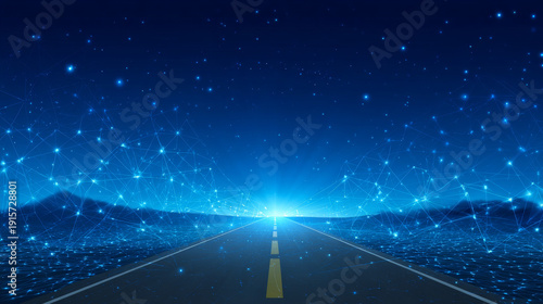 Concept of broadband Internet connection. The road leading to the networked planet. Polygonal design of interconnected lines and dots. Blue background.