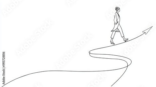 One line drawing of a businesswoman walking on long, winding upward arrow path, challenging career journey for business concept. Perseverance and growth for National Productive Business Civility Day