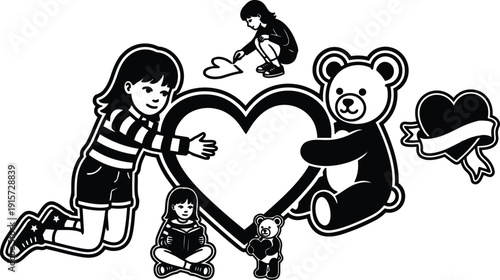 Sticker style close up girl hugging heart with teddy bear and scattered children holding hearts playful valentine themed composition illustration