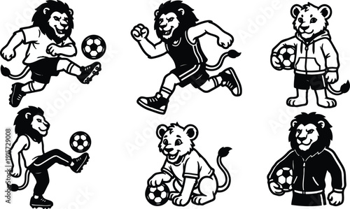 Mascot style soccer lion characters in various poses kicking and holding ball black and white vector line art dynamic illustration