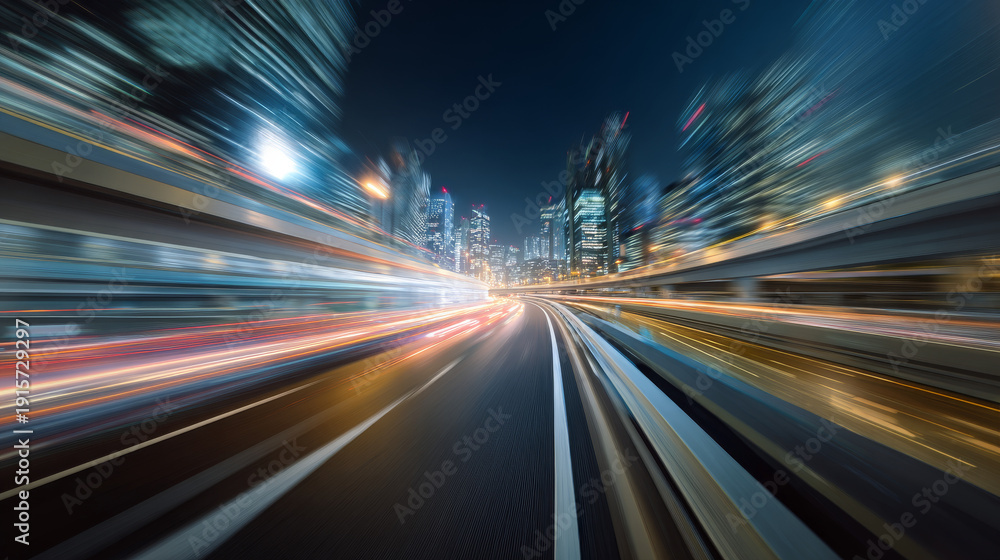 Fototapeta premium 3D Rendering of highway in city. High speed motion blur. Concept of leading in business, Hi tech products background, artificial intelligence, hyper loop, virtual reality, high speed network. 