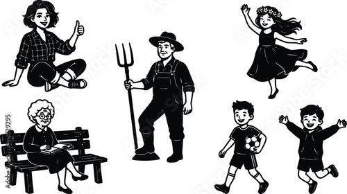 Flat design black and white village characters farmer woman girl children sitting dancing playing soccer reading on bench thumbs up
