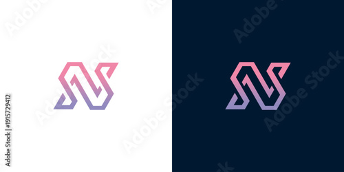 Contemporary abstract letter N monogram logo design with a vibrant gradient, presented on light and dark backgrounds for versatile branding applications