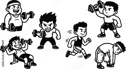 Comic book style cartoon workout characters performing dumbbell lifts running and stretching in bold line art vector with energetic expressions
