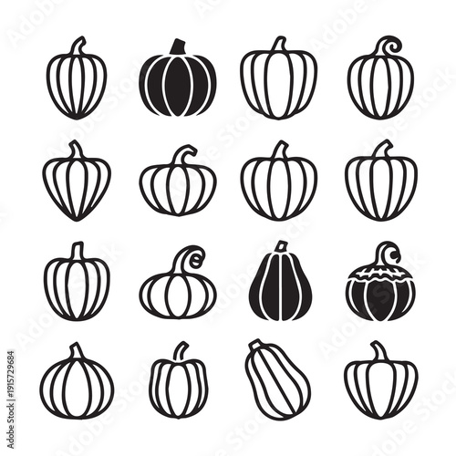 Assorted Pumpkin Icons and Silhouettes for Autumn and HalloweenVector Set