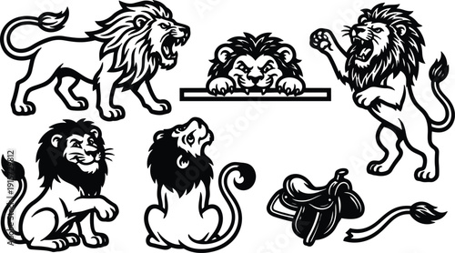 Tattoo flash lion set showing roaring profile paw raised sitting and peeking poses in bold black line art vector badge