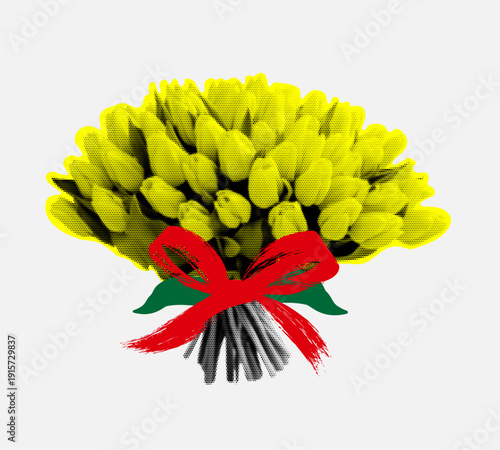 Stylized yellow flower bouquet tied with red ribbon in pop art halftone style on light background.