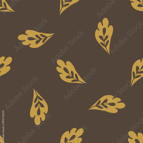 Vector simple tossed block print look leaves seamless pattern background. Caramel brown hand drawn leaves scattered on earth tone dark brown backdrop. Great for fall, winter,autumn warm tone projects