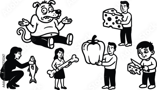 Cartoon line art vector of people holding oversized cheese pepper fish and bone with puzzled dog shrugging playful flat design scene