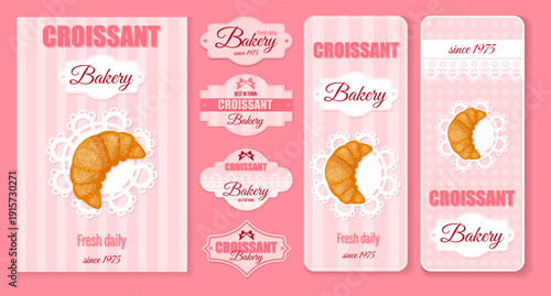 Advertising collection for bakery with croissant on pink background. Retro design. Bakery flyers, posters, labels with colorful croissant and text. Laces and striped wallpaper. Sweet dessert. Vector 
