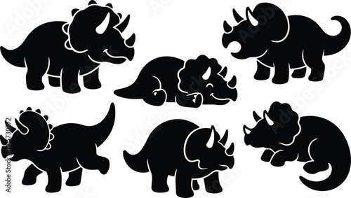 Flat silhouette triceratops vector set showing six cartoon dinosaur poses playful close up studio style black smiling figures side view