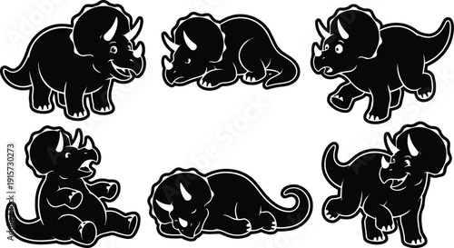 Vector sticker sheet playful triceratops characters in six poses black silhouette with white outline and smiling expressions sitting running sleeping