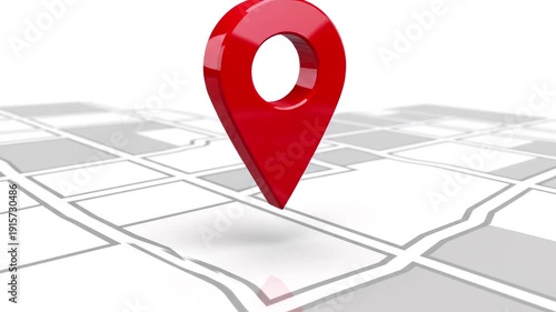 Red map pin on a gray and white map grid.